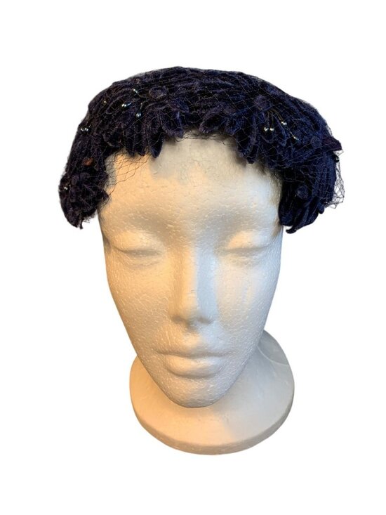 Vintage Navy Velvet Ladies Hat Floral w/ Mesh & Bow Retro Style Cocktail Tea Cap main image 11